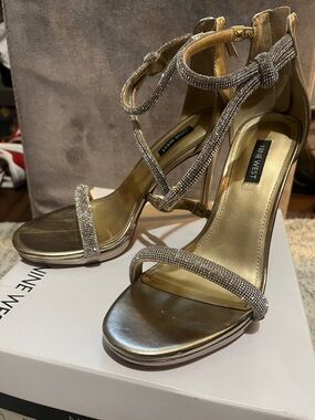 Nine West Metallic Gold Crystal-Strap Evening Sandals